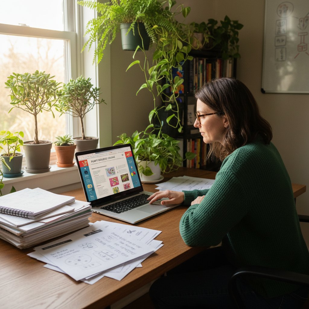 Nauczyciel sprawdzający wiarygodność strony internetowej z biologią roślin, laptop, dokumenty
