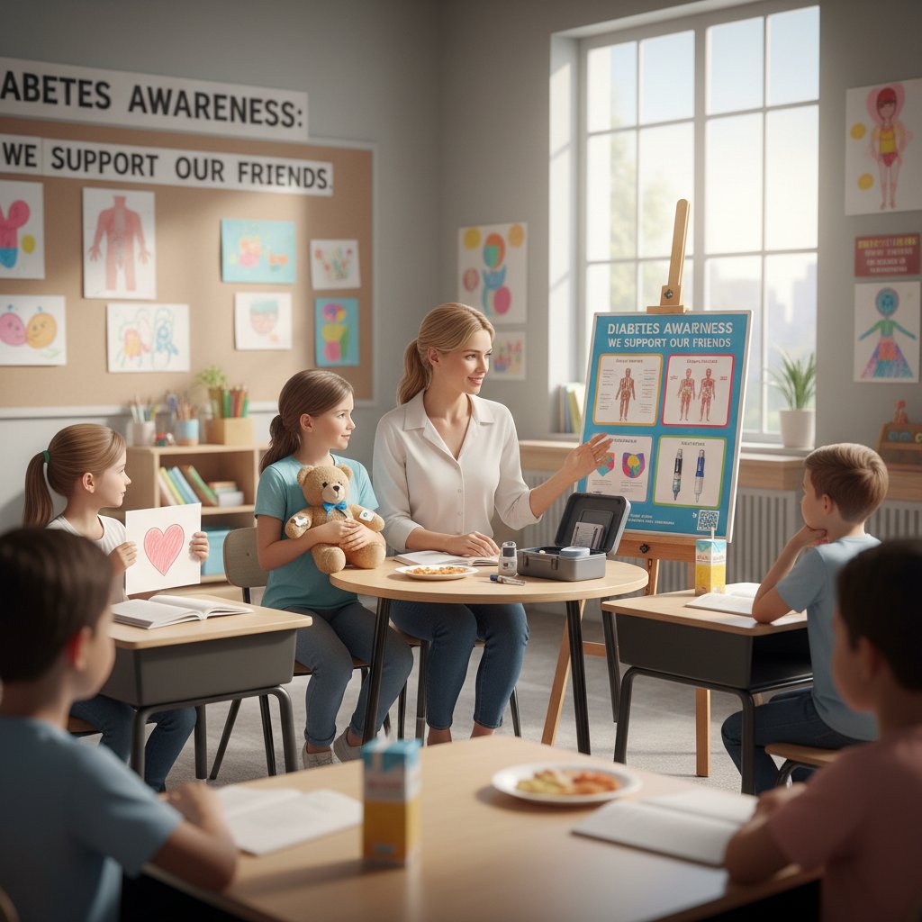 Nauczyciel rozmawiający z dzieckiem o cukrzycy typu 1 na lekcji