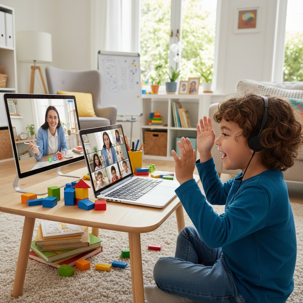 Nauczyciel prowadzi lekcję online z dzieckiem, oboje zaangażowani, ekran w tle, domowe warunki