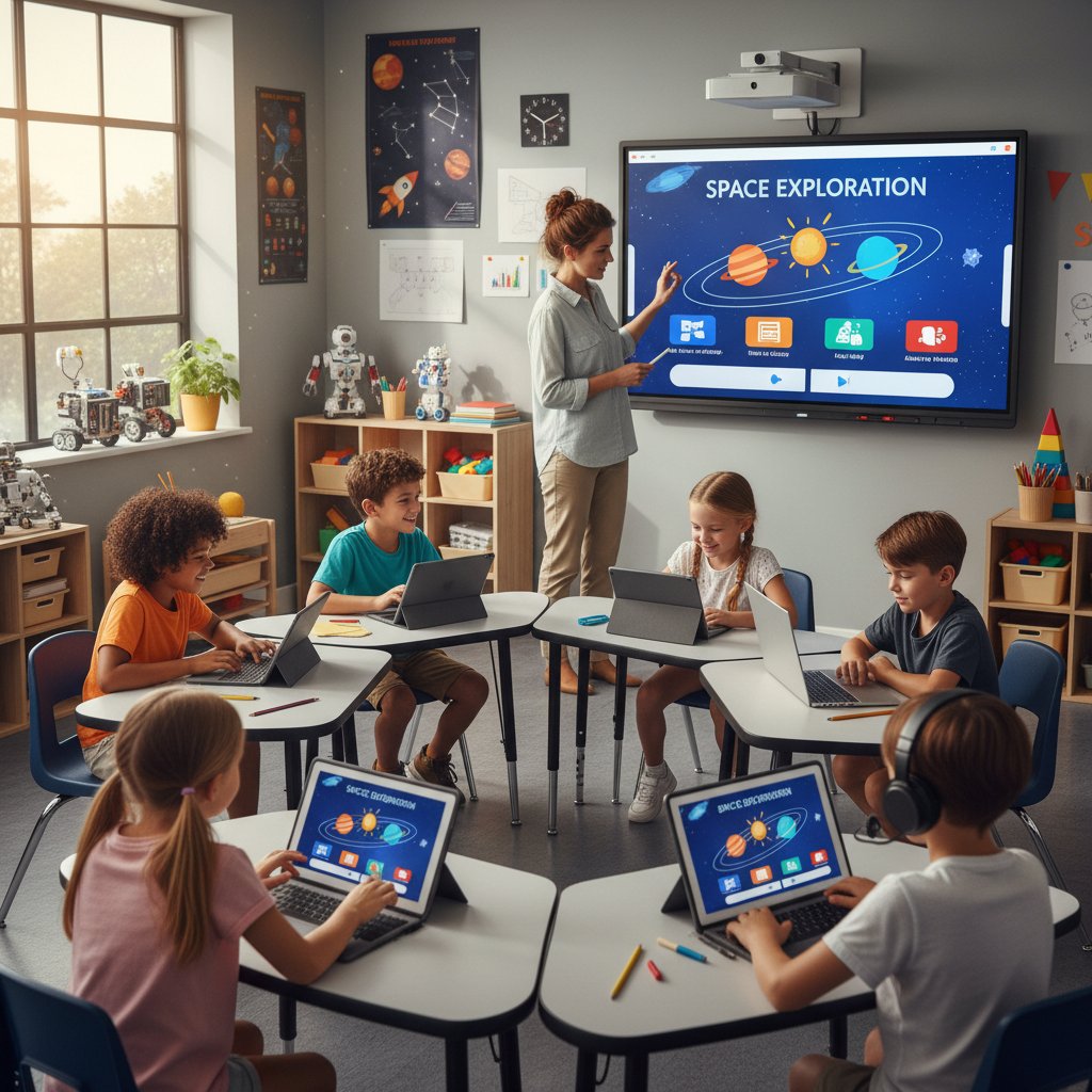 Nauczycielka pokazująca dzieciom działanie aplikacji AI w klasie