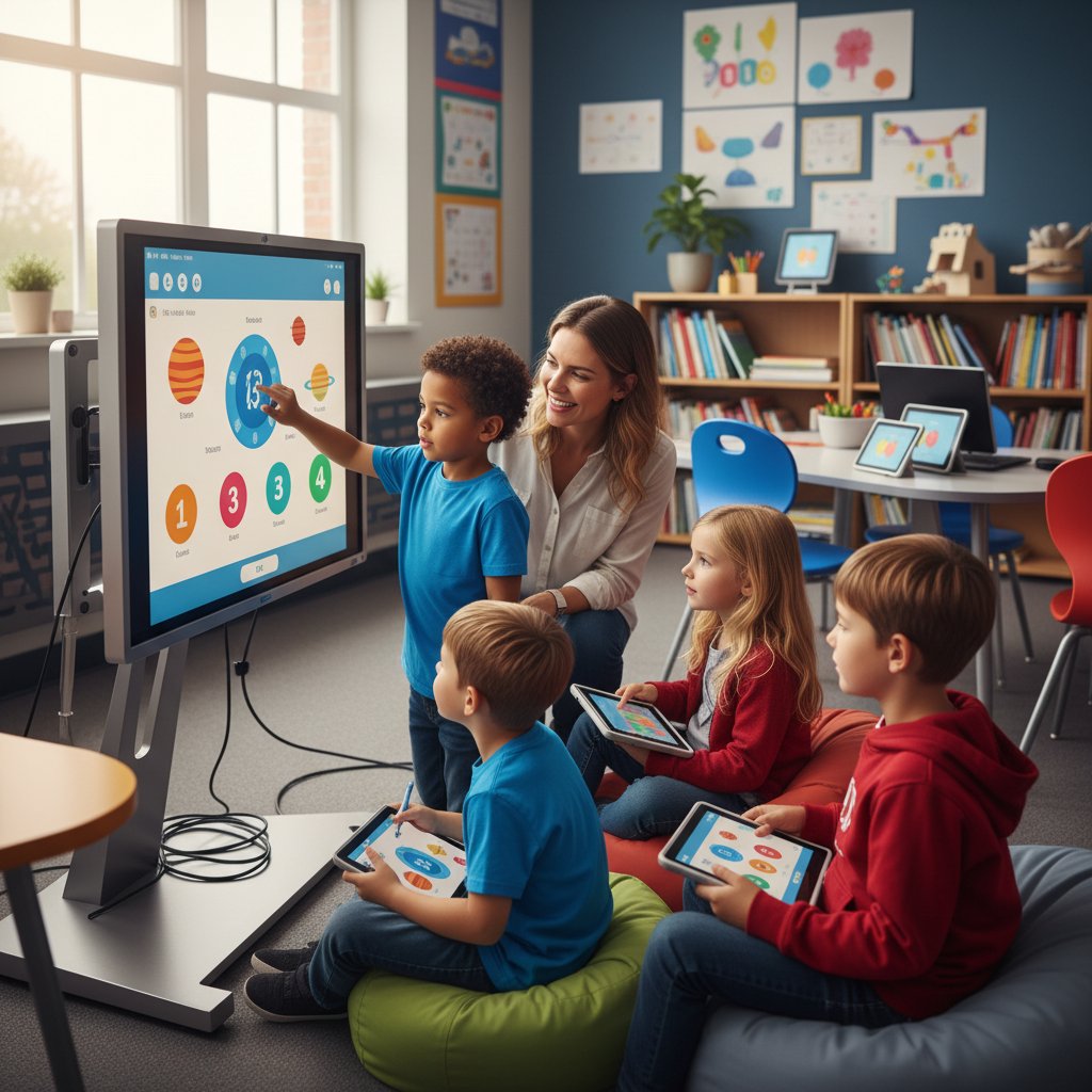 Nauczyciel z grupą dzieci przy komputerze, wspólna nauka cyfrowa