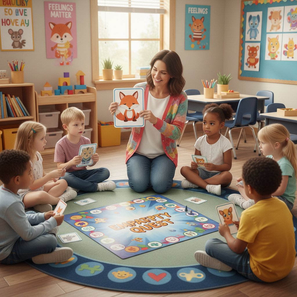 Nauczycielka prowadząca zajęcia z dziećmi przy pomocy gry edukacyjnej rozwijającej empatię