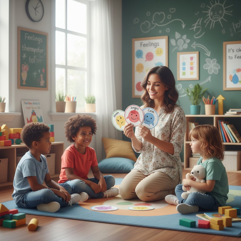 Nauczycielka prowadząca zajęcia z uczniami na temat emocji i relacji