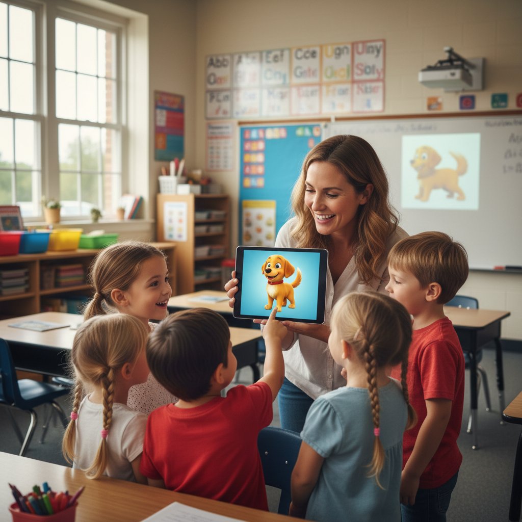Nauczycielka z dziećmi korzystająca z tabletu, na którym widać cyfrowego psa, sala szkolna