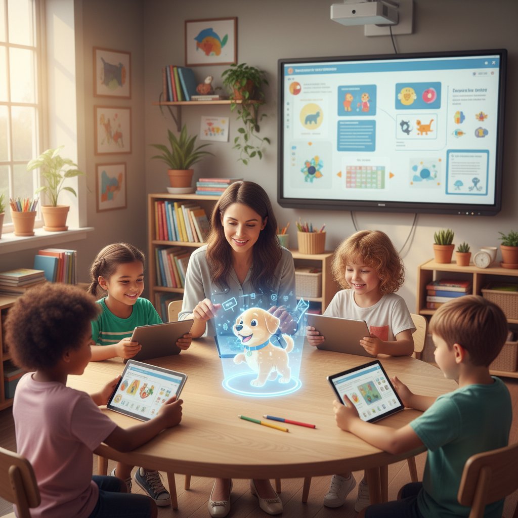 Nauczyciel z grupą dzieci korzystających z tabletów do nauki z wirtualnym psem