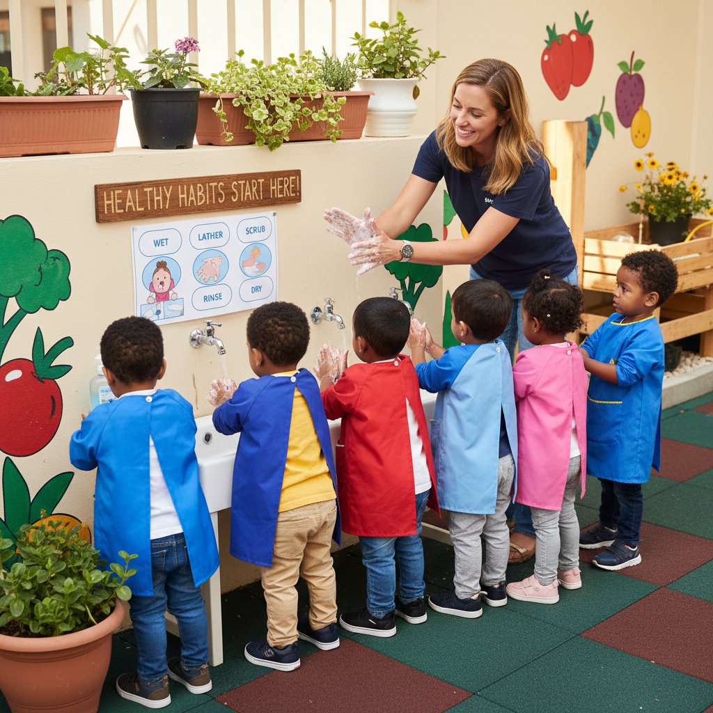 Nauczycielka pokazuje dzieciom jak prawidłowo myć ręce, edukacja zdrowotna w profilaktyce