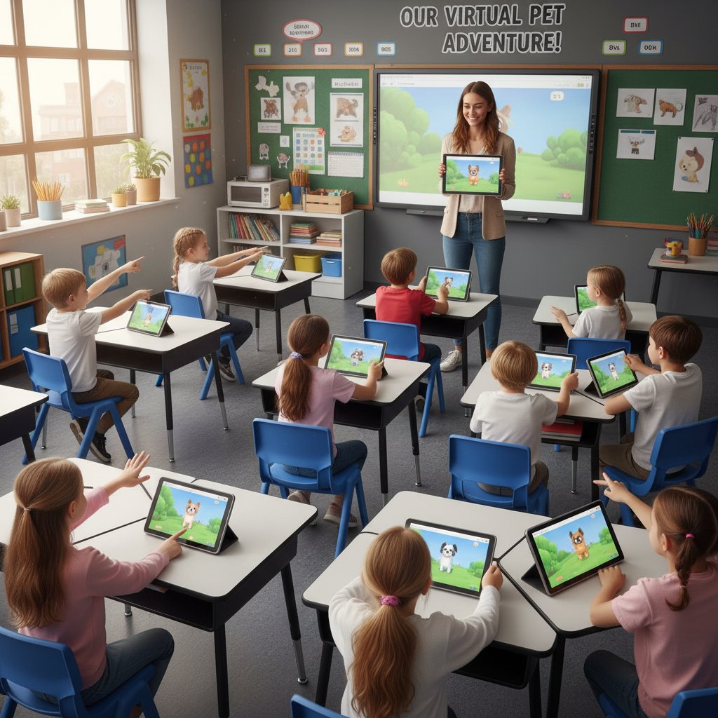 Nauczycielka pokazująca aplikację edukacyjną z wirtualnym psem grupie dzieci w klasie