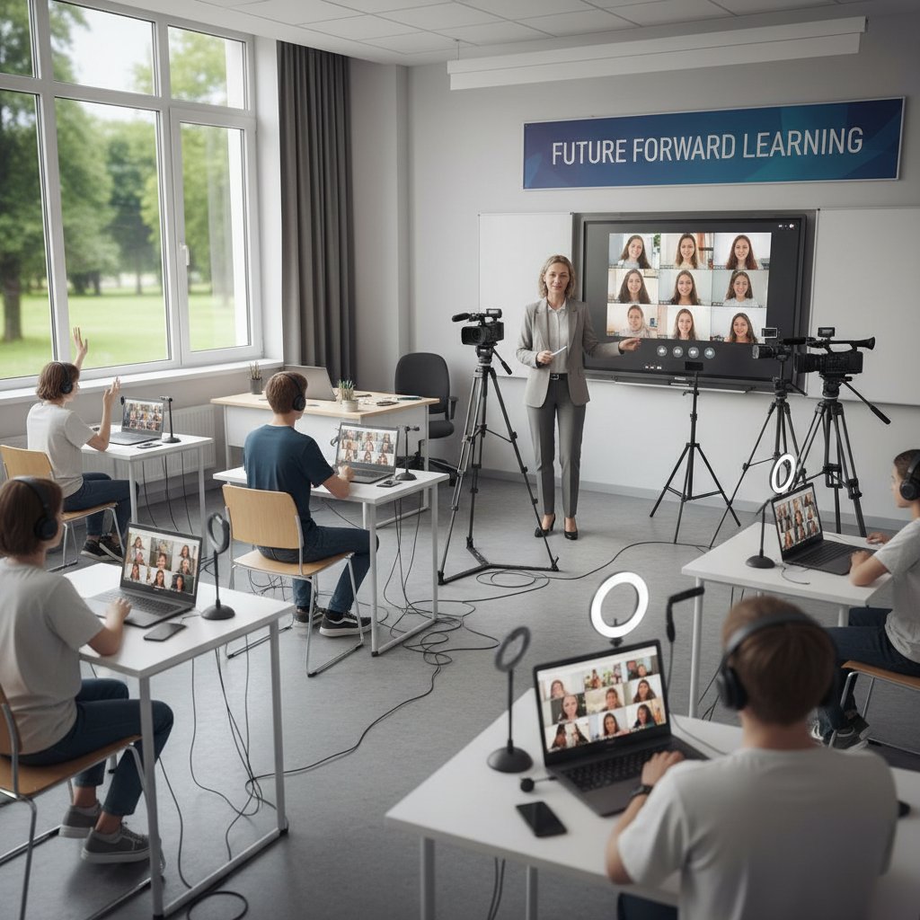 Klasa szkolna, nauczyciel pokazuje uczniom jak korzystać z zadań maturalnych online