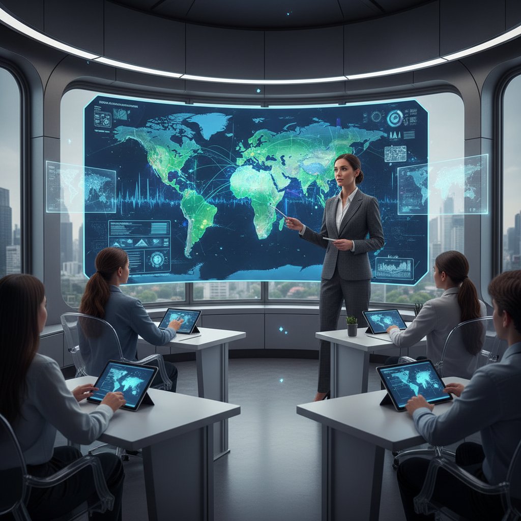 Nauczyciel i ekran z cyfrową mapą, kontrast AI i człowieka, nowoczesna edukacja geografia