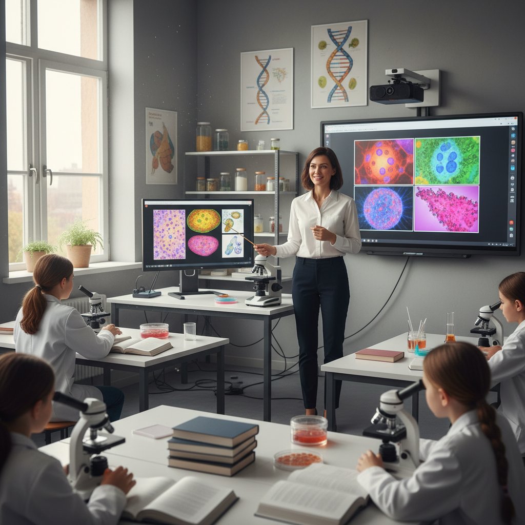 Nauczyciel demonstruje mikroskop cyfrowy w klasie