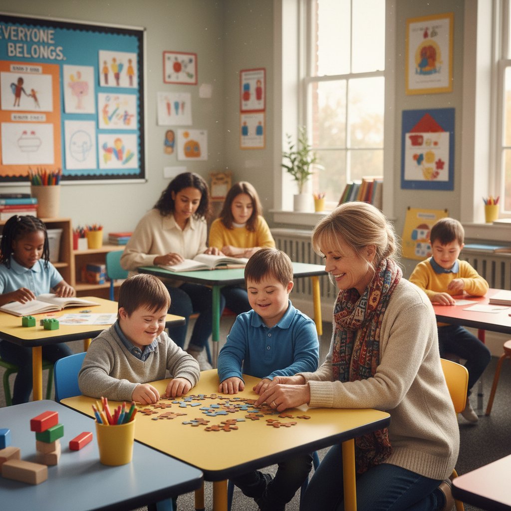 Nauczycielka wspierająca dziecko z zespołem Downa podczas zajęć w klasie