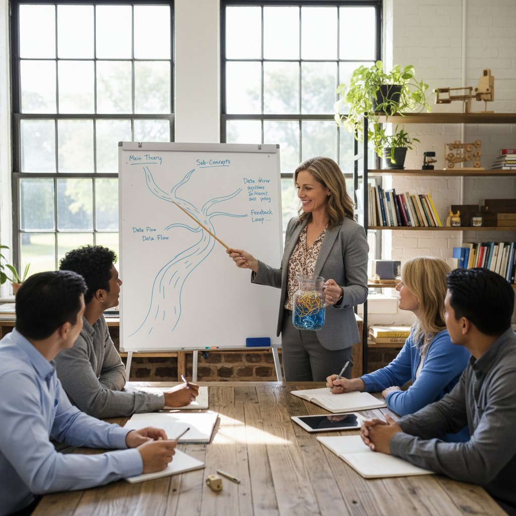 Lehrerin erklärt schwieriges Thema mit Metapher vor einer kleinen Gruppe