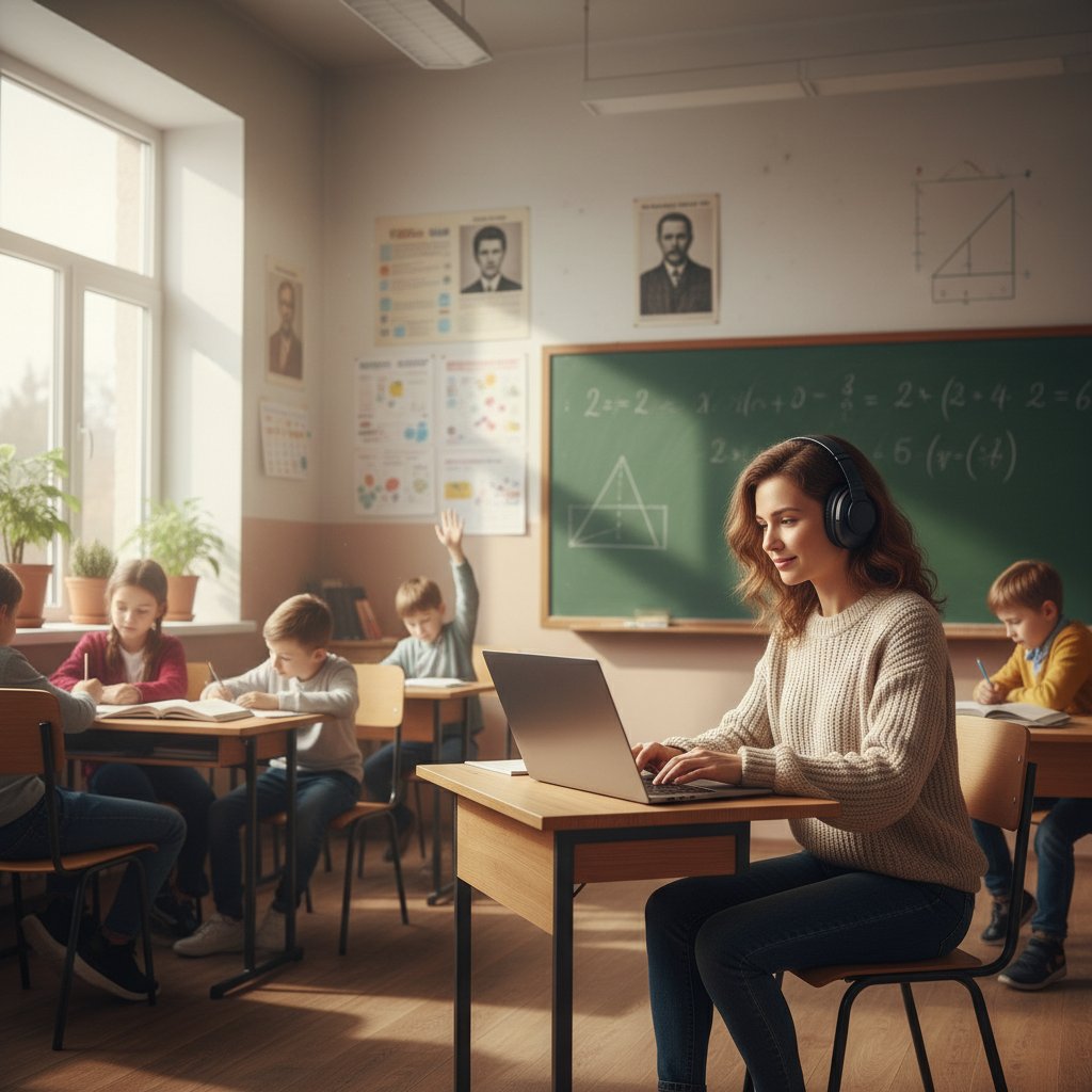 Nauczycielka z słuchawkami analizuje transkrypcję podcastu edukacyjnego w nowoczesnej klasie