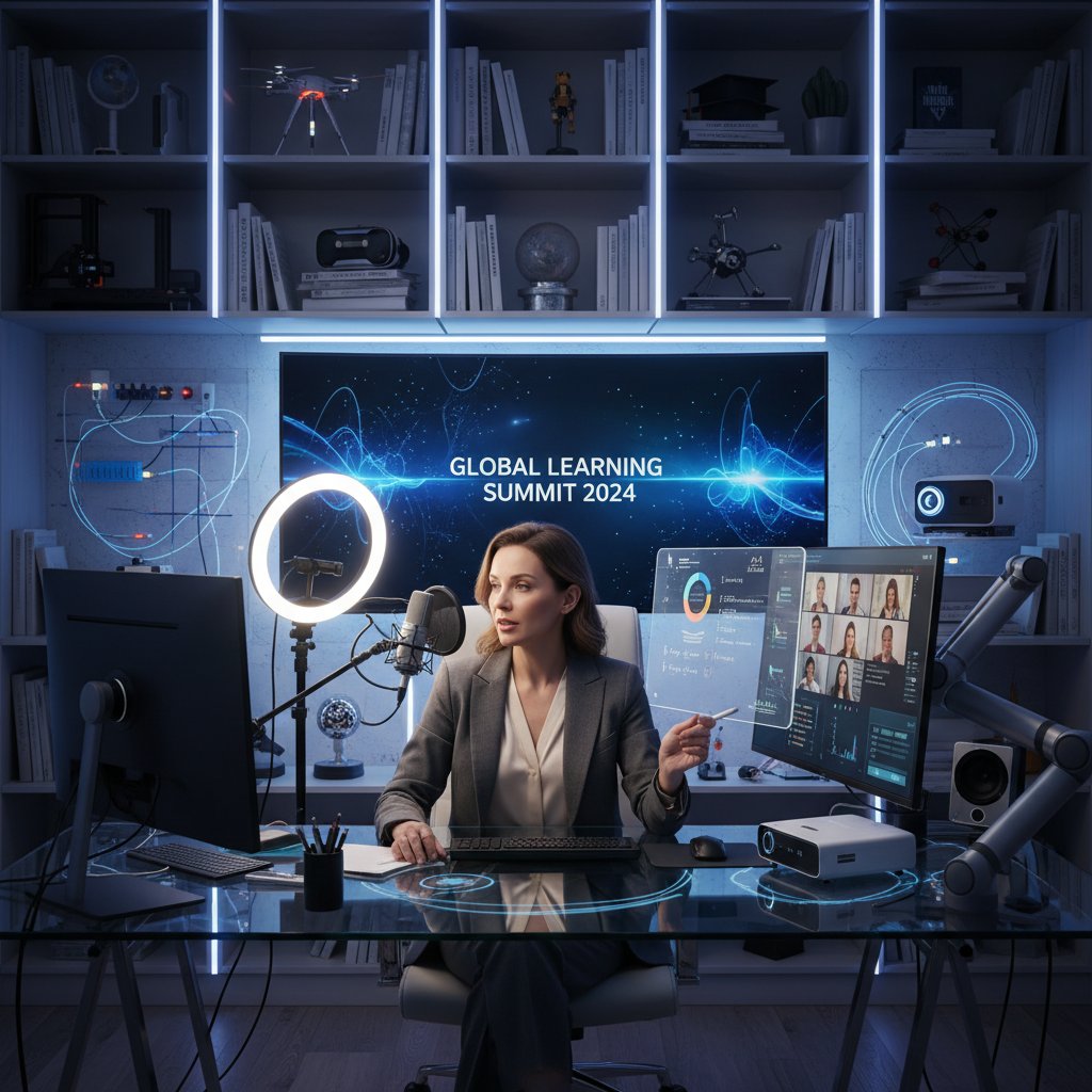 Nauczyciel w domowym studio nagraniowym, prowadzący webinar i korzystający z nowoczesnych technologii