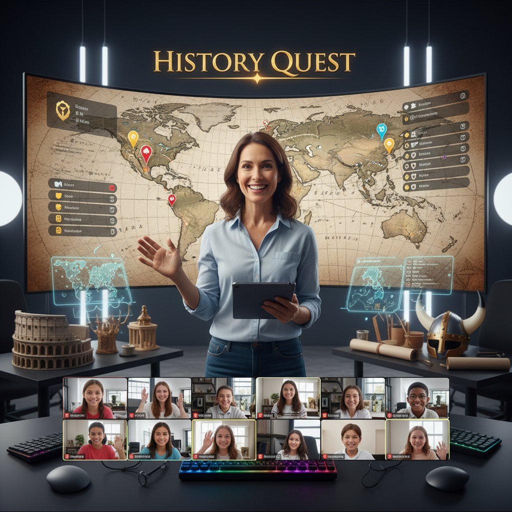 Nauczyciel prowadzi interaktywną lekcję historii online z użyciem elementów grywalizacji