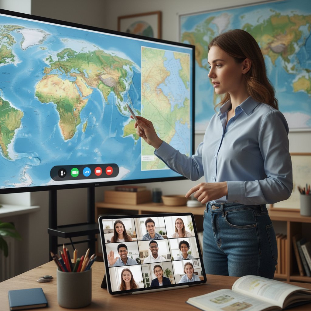 Nauczyciel prowadzący interaktywną lekcję geografii online z zaangażowanymi uczniami