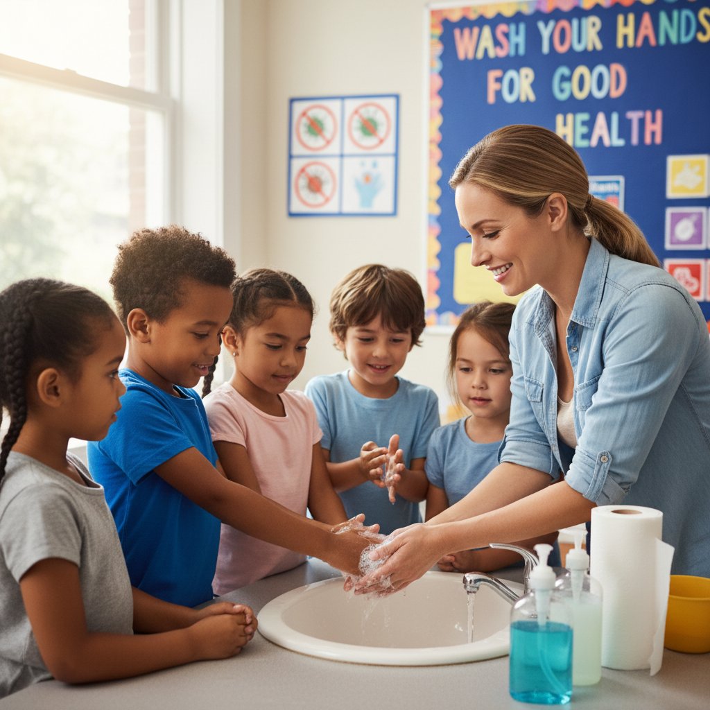 Nauczycielka pokazująca dzieciom prawidłowe mycie rąk w klasie, edukacja zdrowotna, nowoczesna szkoła, słowa kluczowe: adenowirus, szkoła, edukacja zdrowotna