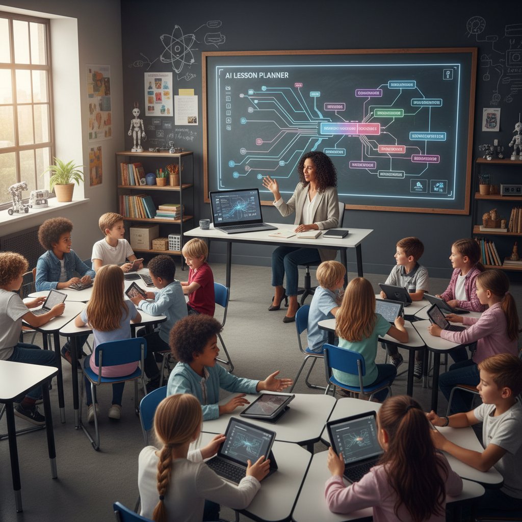 Nauczyciel korzystający z laptopa, AI wspiera tworzenie nowoczesnej lekcji, zaangażowana klasa