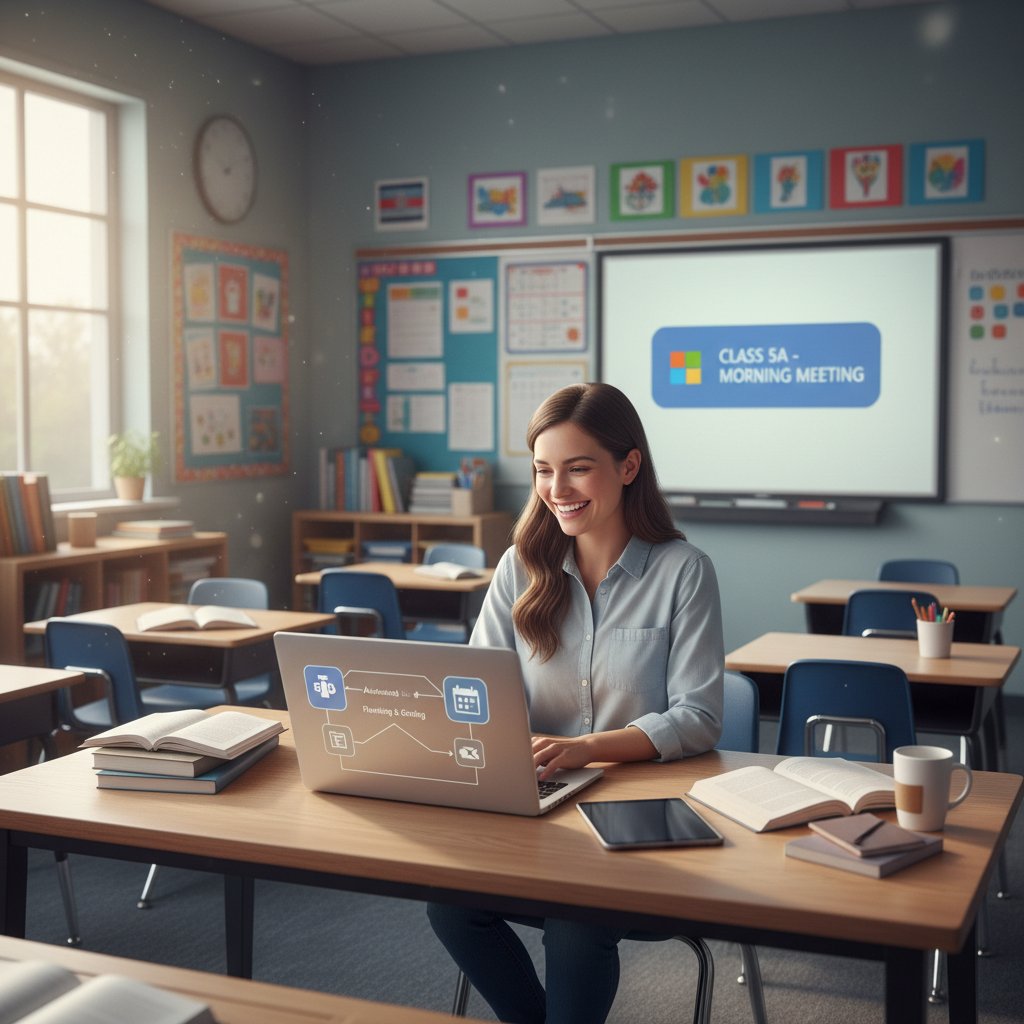 Nauczyciel korzystający z laptopa, automatyzujący zadania w Teams