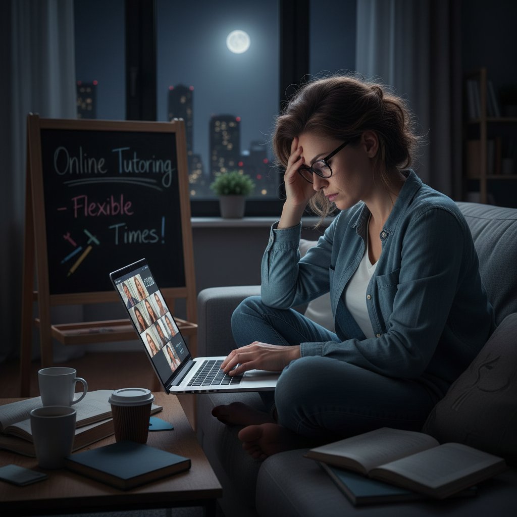 Lehrerin sitzt nachts vor Laptop, Nachhilfe online, erschöpft – flexible Zeiten, aber wenig Effektivität