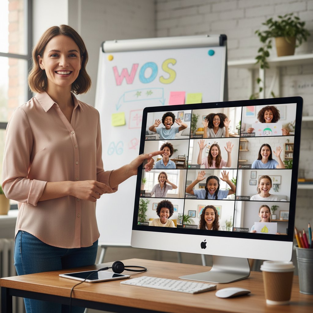 Nauczyciel prowadzi lekcję WOS online, uczniowie na ekranie, uśmiechnięci