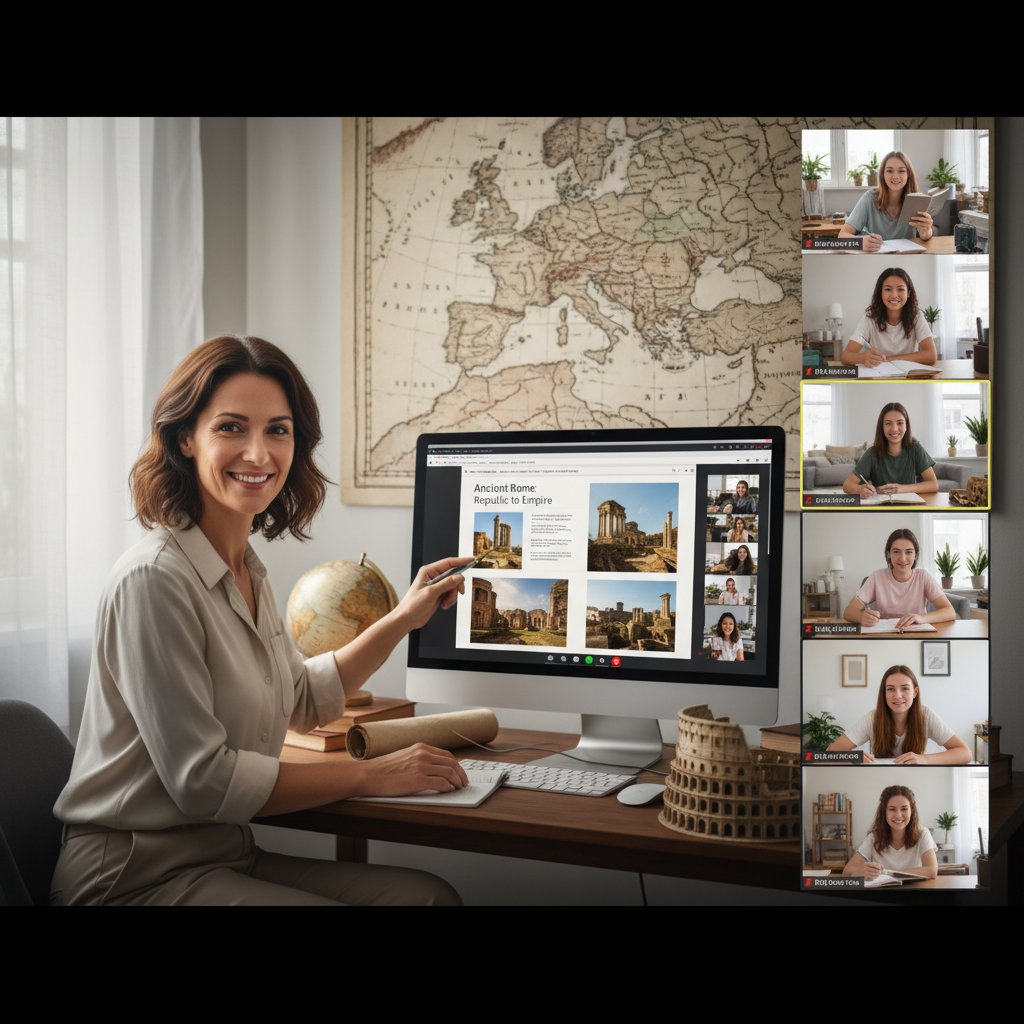 Nauczyciel podczas prowadzenia zajęć online, ekran z widocznymi uczniami i materiałami historycznymi