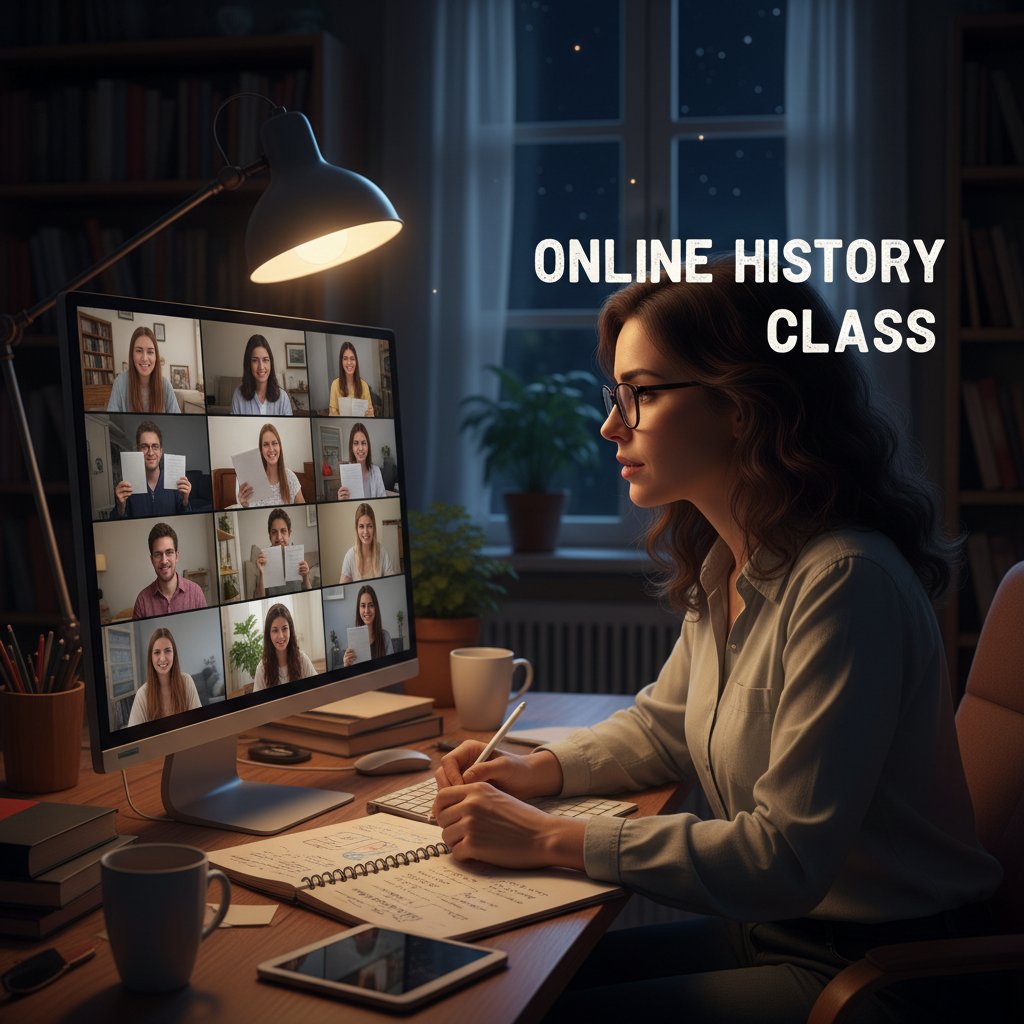 Nauczyciel prowadzi lekcję online dla grupy uczniów, ekran monitora pełen notatek