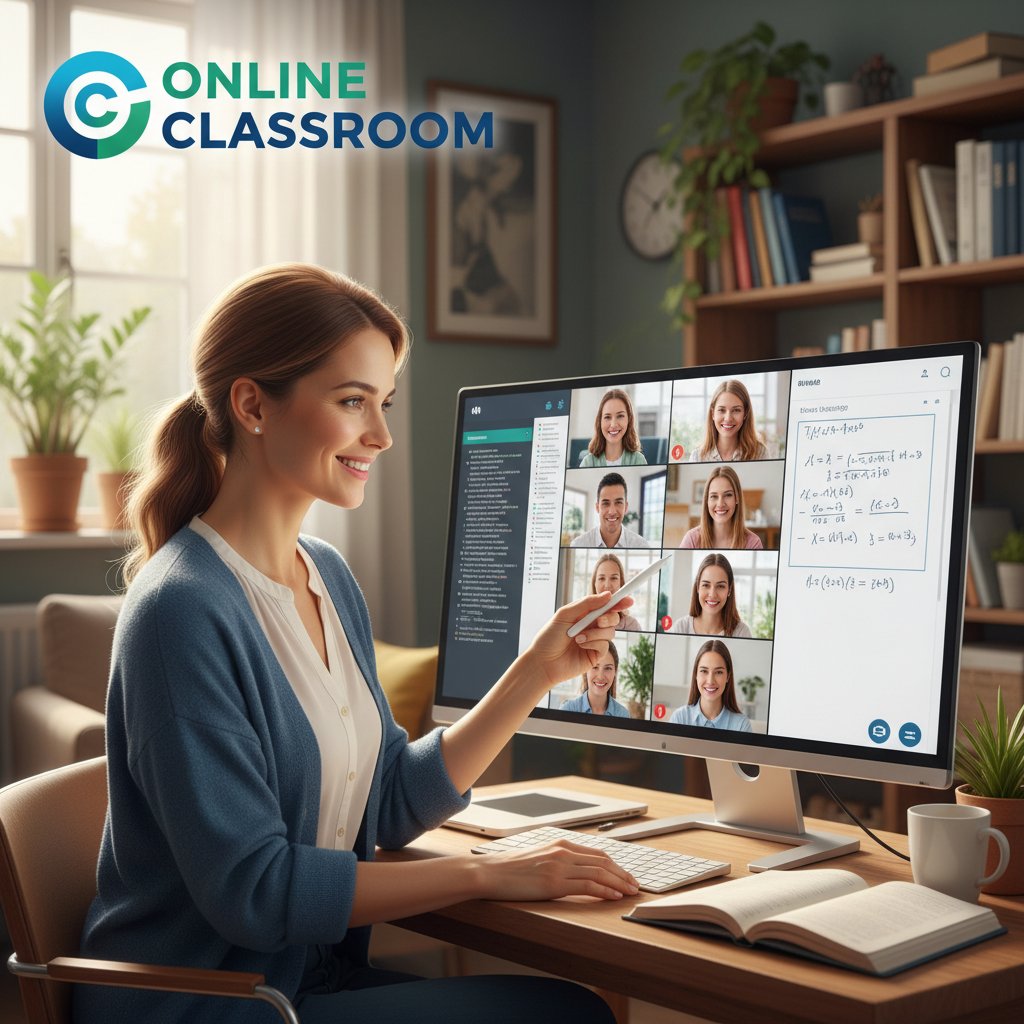 Nauczyciel prowadzący lekcję online, widok przez ekran laptopa