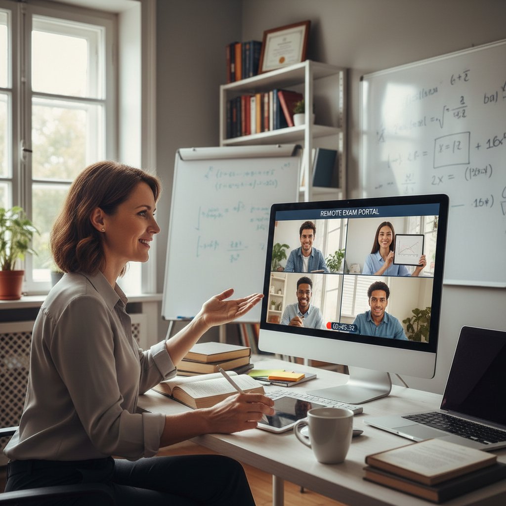 Nauczyciel prowadzący konsultacje online z grupą uczniów, wokół symbole edukacji cyfrowej