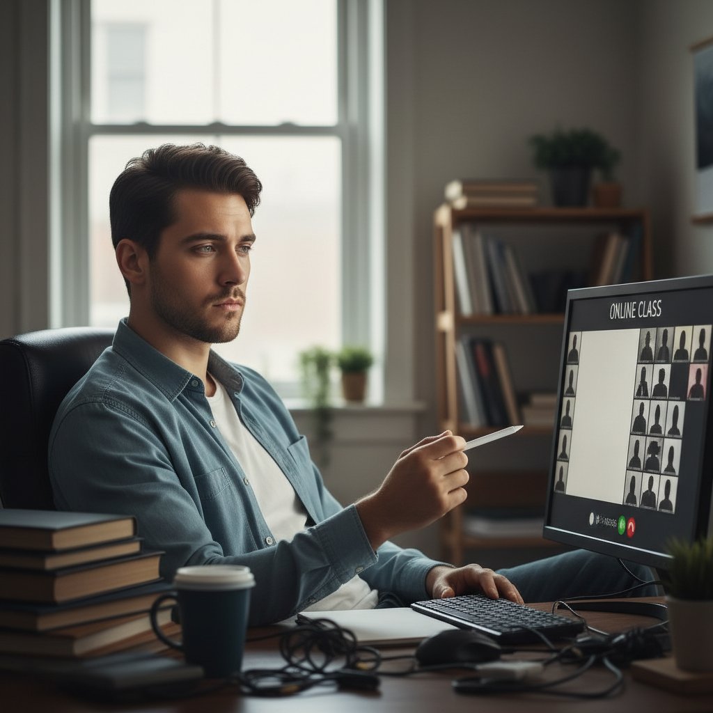 Korepetytor prowadzący zajęcia online, wyraźnie niezainteresowany, z minimalnym kontaktem wzrokowym