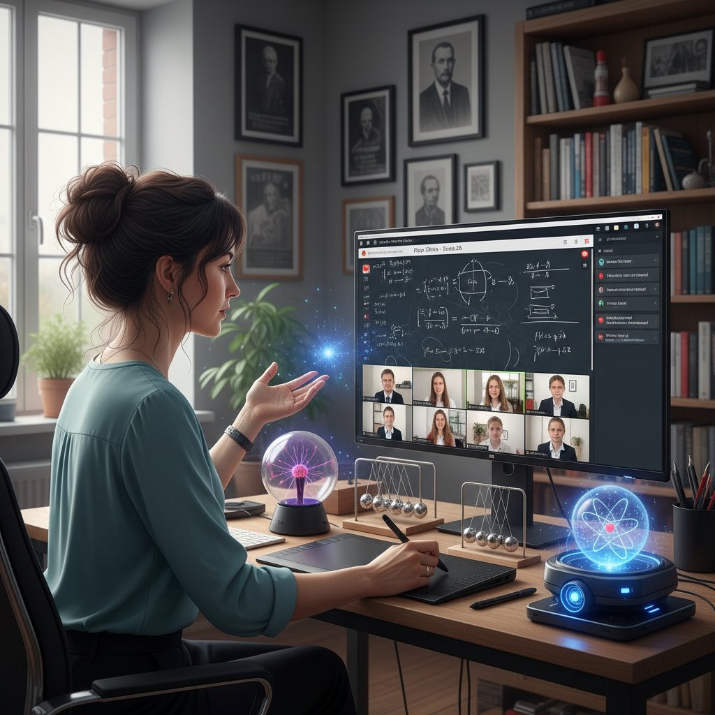 Nauczyciel prowadzący zajęcia online z fizyki, zaawansowane narzędzia edukacyjne na ekranie