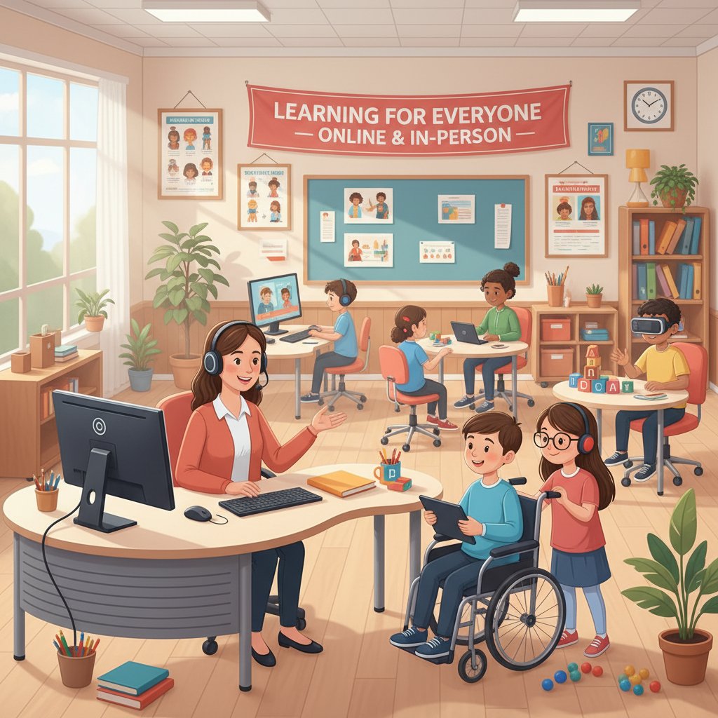 Nauczycielka prowadząca rewalidację online w klasie szkolnej