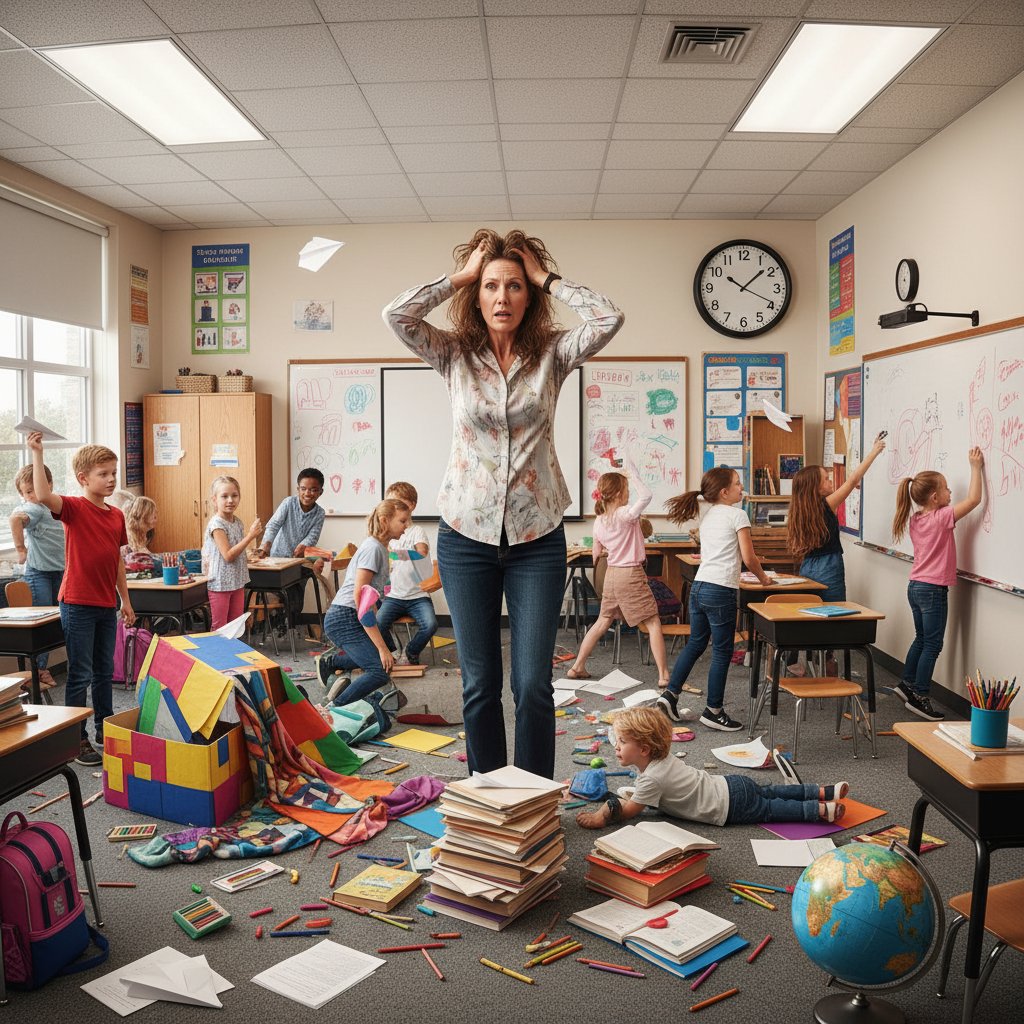 Nauczyciel siedzący zrezygnowany przy biurku, tłum uczniów w tle, chaos w klasie