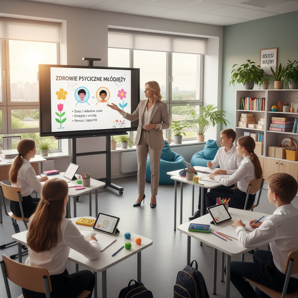 Nauczycielka tłumaczy uczniom temat zdrowia psychicznego, korzystając z nowoczesnych materiałów edukacyjnych