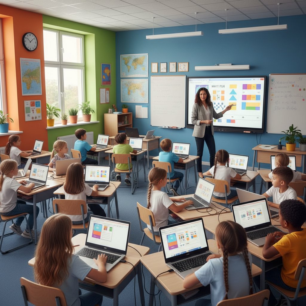 Nowoczesna lekcja z nauczycielem przy tablicy interaktywnej, uczniowie na laptopach