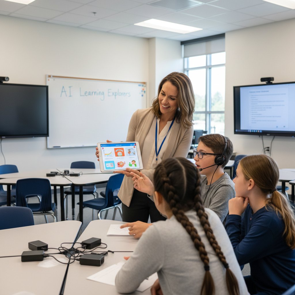 Nauczyciel i uczeń korzystający z aplikacji AI w klasie