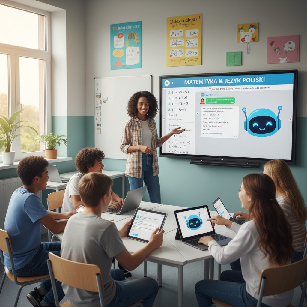Nauczyciel i uczeń korzystający z chatbota AI do nauki matematyki po polsku, sala lekcyjna