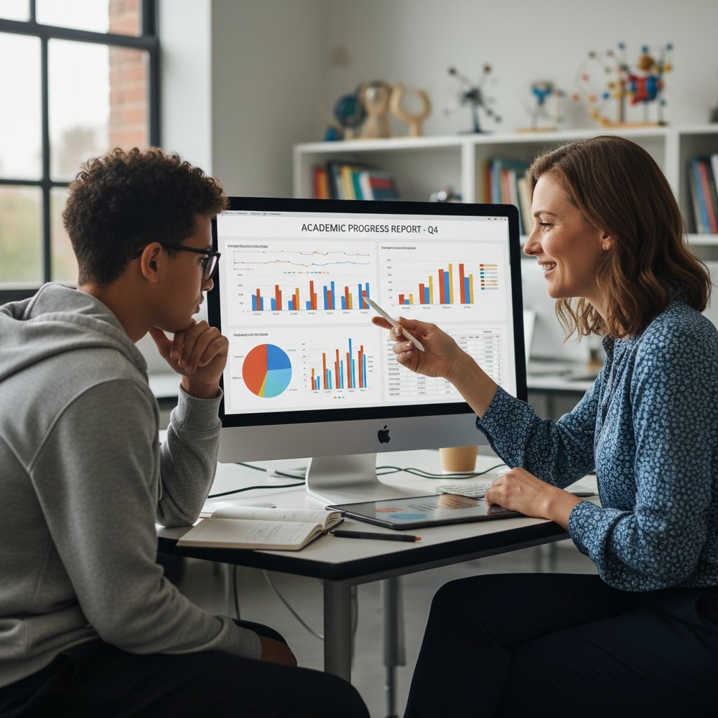 Nauczyciel i uczeń analizujący wyniki nauki na ekranie komputera, skuteczność natychmiastowej pomocy edukacyjnej