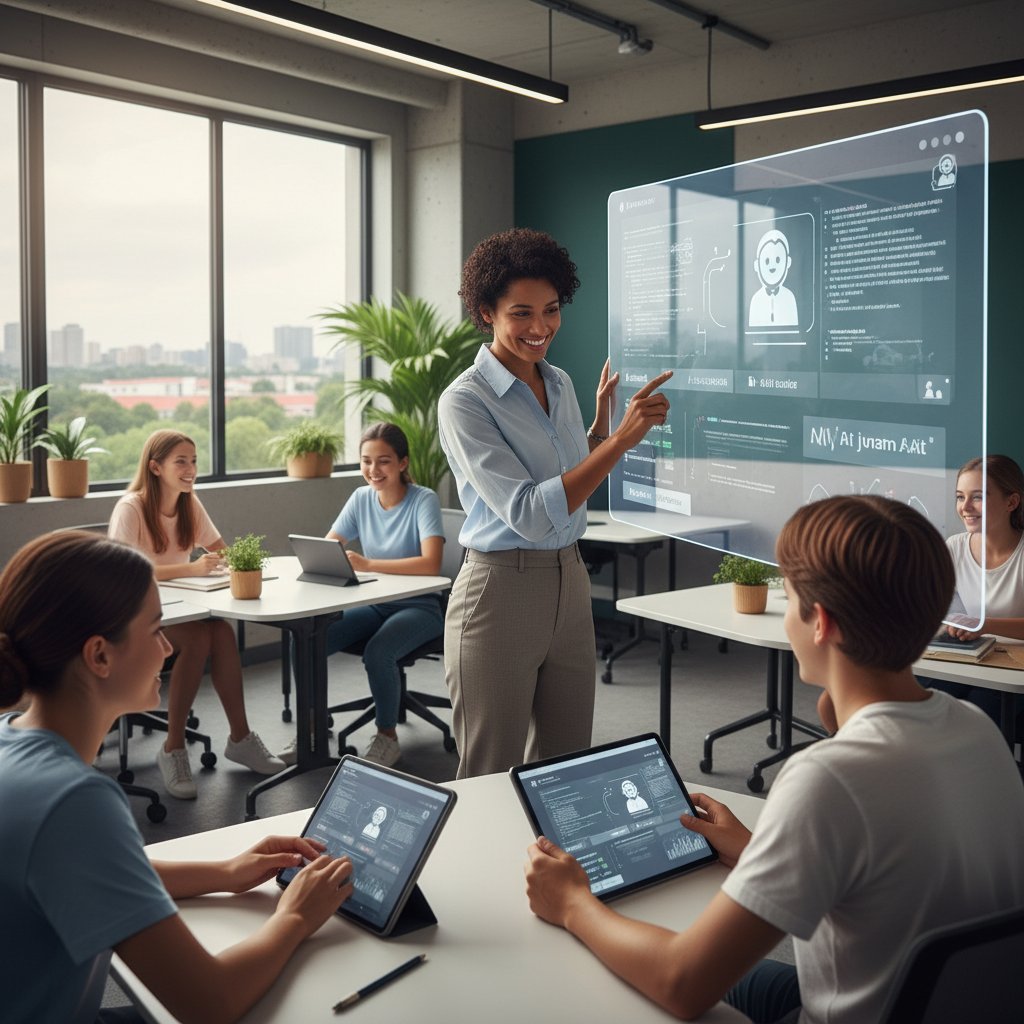 Nauczyciel i uczeń korzystający razem z aplikacji AI, współpraca, nowoczesna klasa, atmosfera wsparcia
