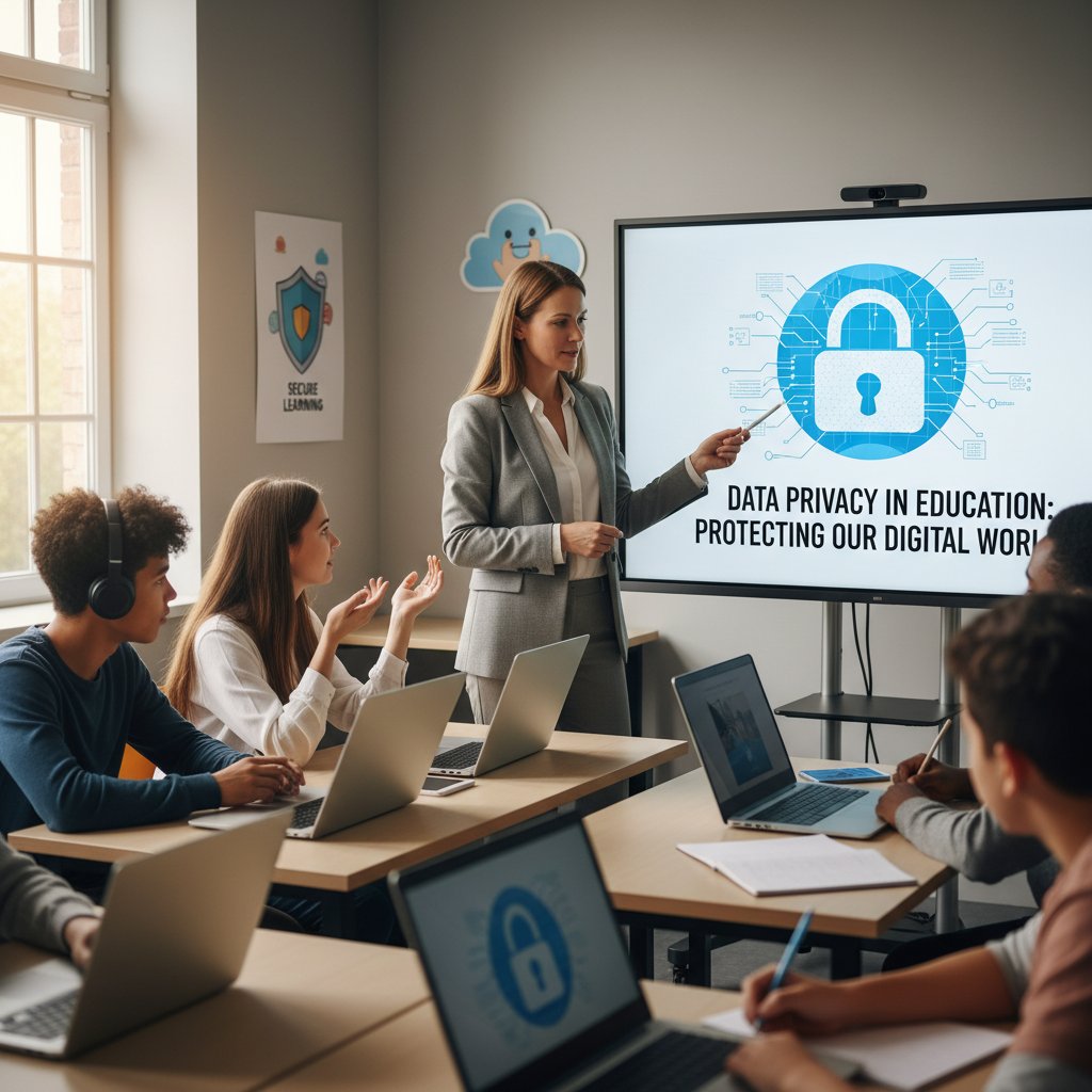 Nauczyciel i uczeń przy komputerze, z wizualizacją cyfrowych danych wokół nich, podkreślając problem prywatności