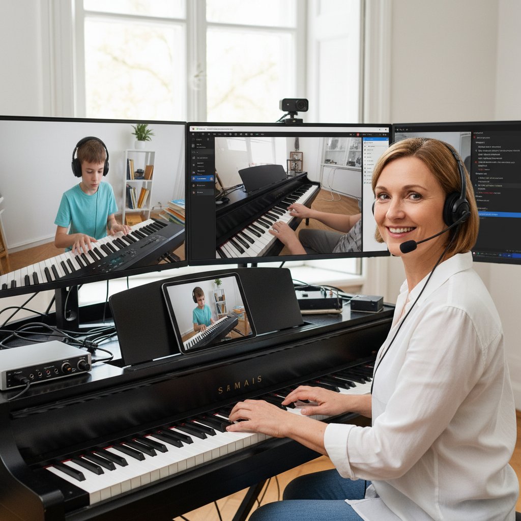 Nauczyciel i uczeń podczas lekcji online przy cyfrowym pianinie, kamera, ekran, technologia