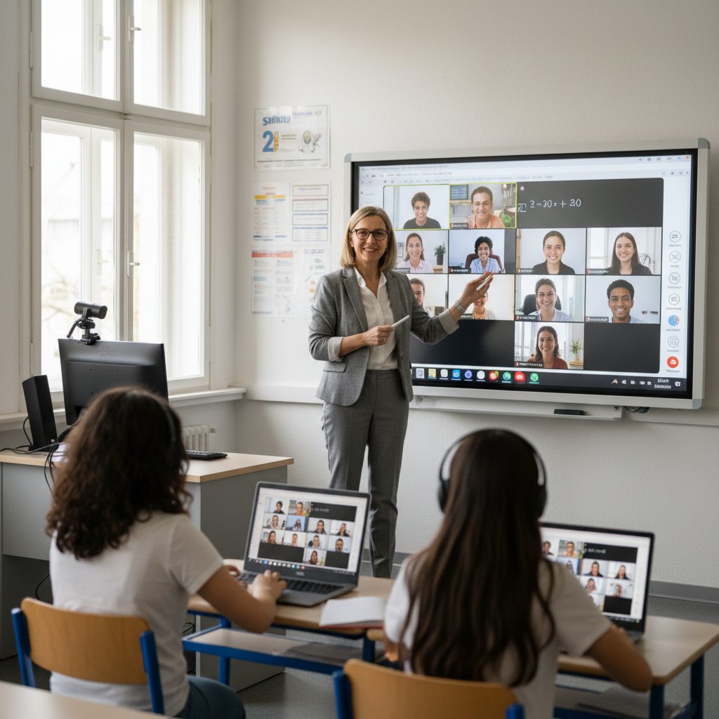 Nauczyciel i uczeń podczas hybrydowej lekcji online, wspólna praca na komputerze