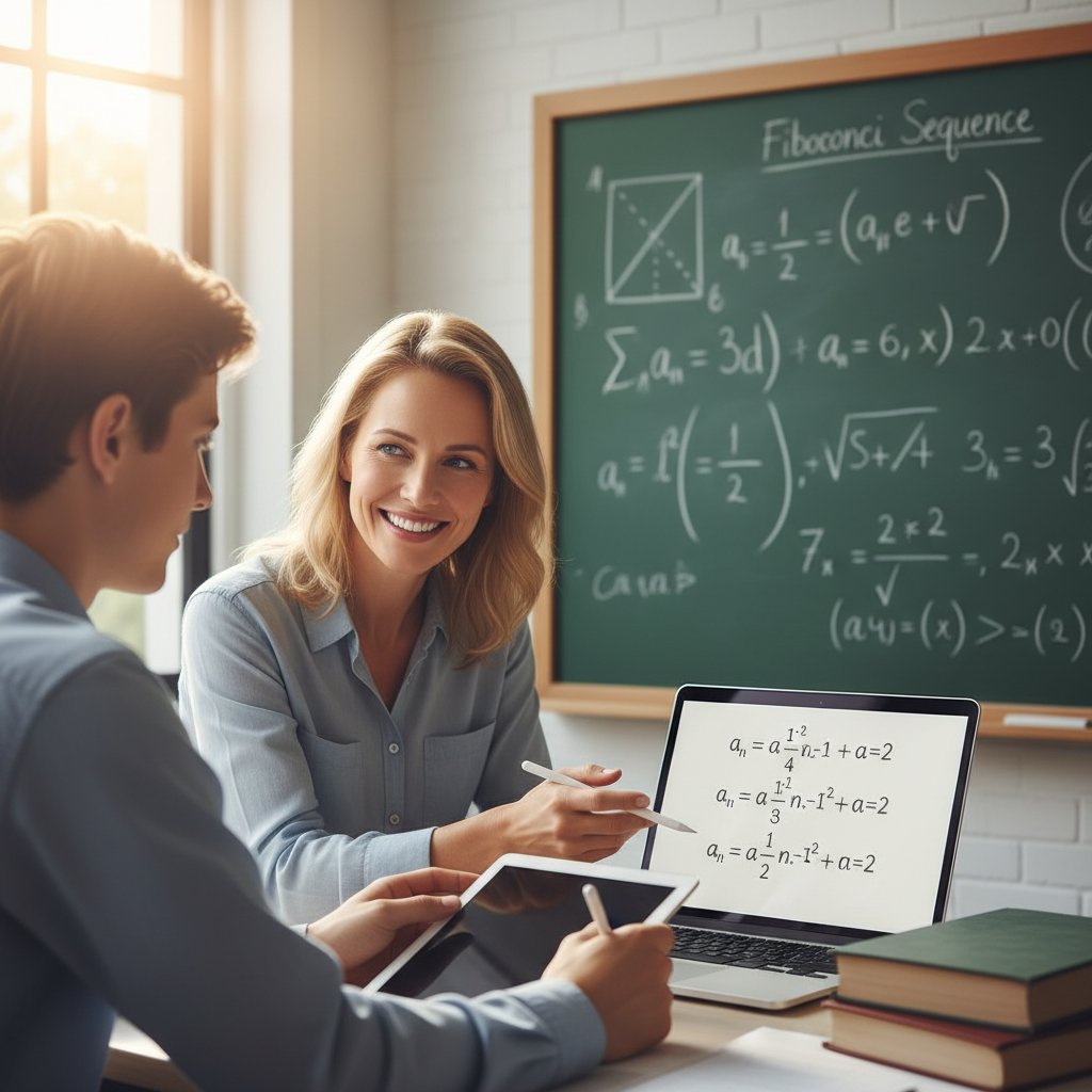 Nauczycielka tłumaczy ciągi online uczniowi z laptopem na tle tablicy