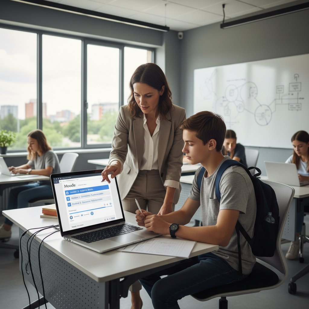 Nauczyciel prowadzi lekcję na moodle, ekran laptopa, lista tematów lekcji, atmosfera pracy, nowoczesność