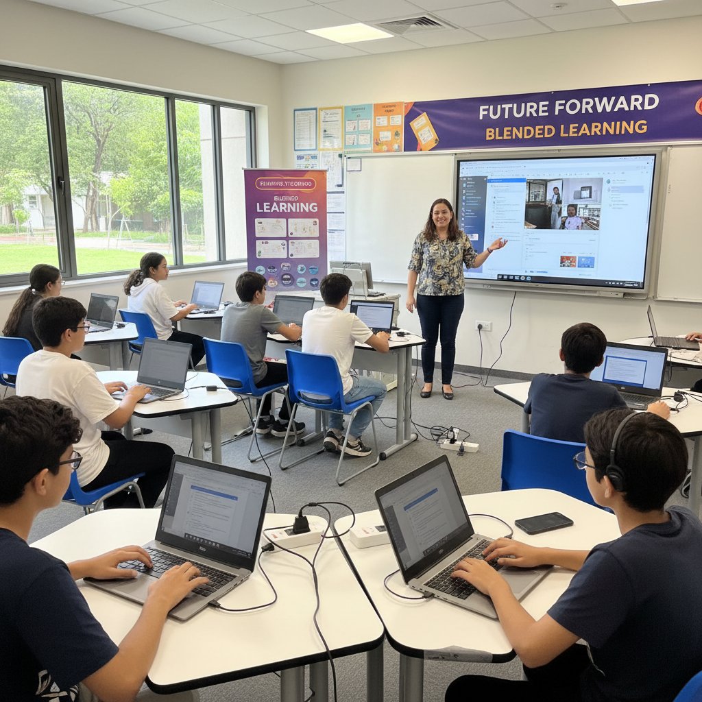 Nauczyciel i uczeń offline, obok komputer z otwartą lekcją online – symbol połączenia tradycji i nowoczesności