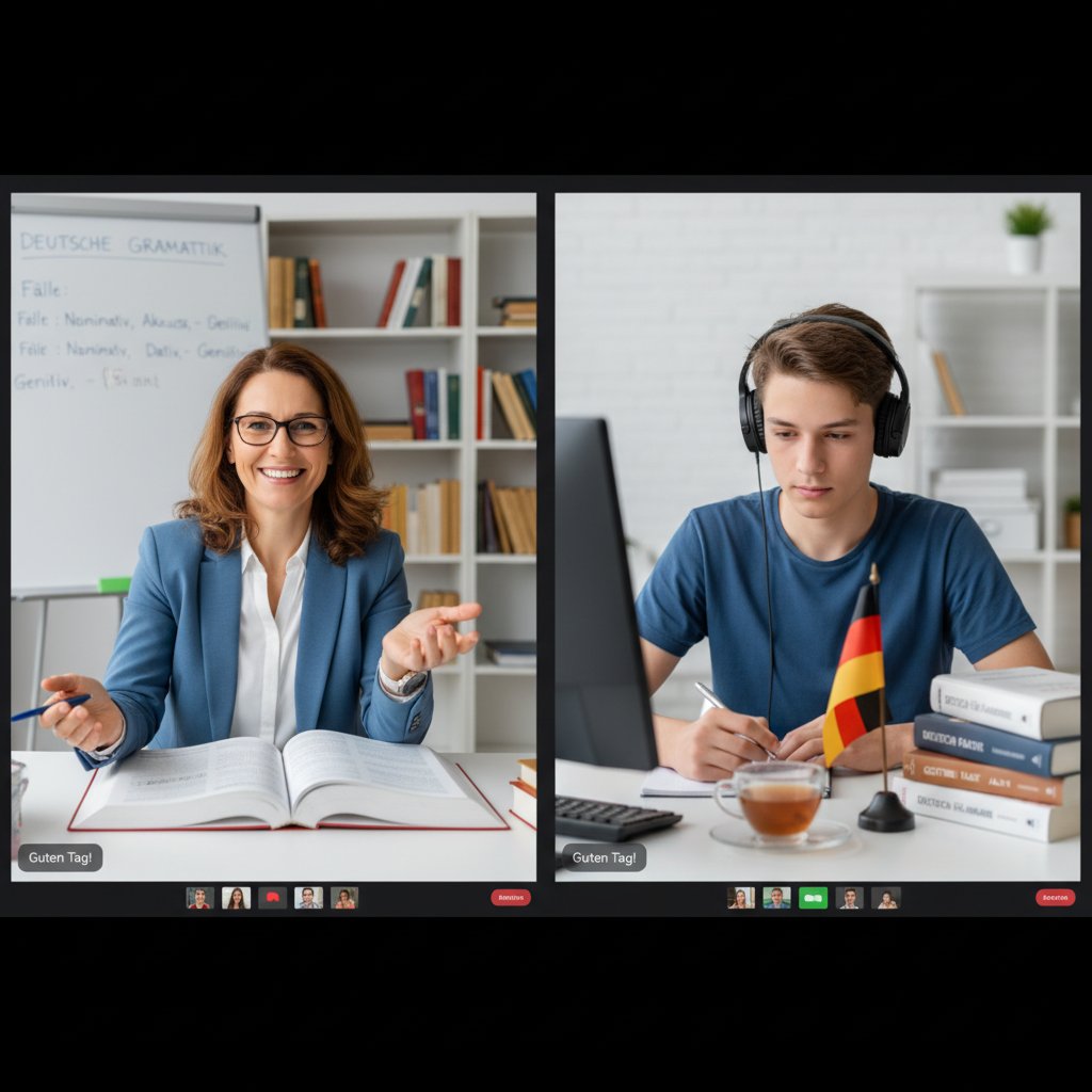 Nauczyciel i uczeń przy komputerach, prowadzący lekcję online, z widocznymi podręcznikami do niemieckiego