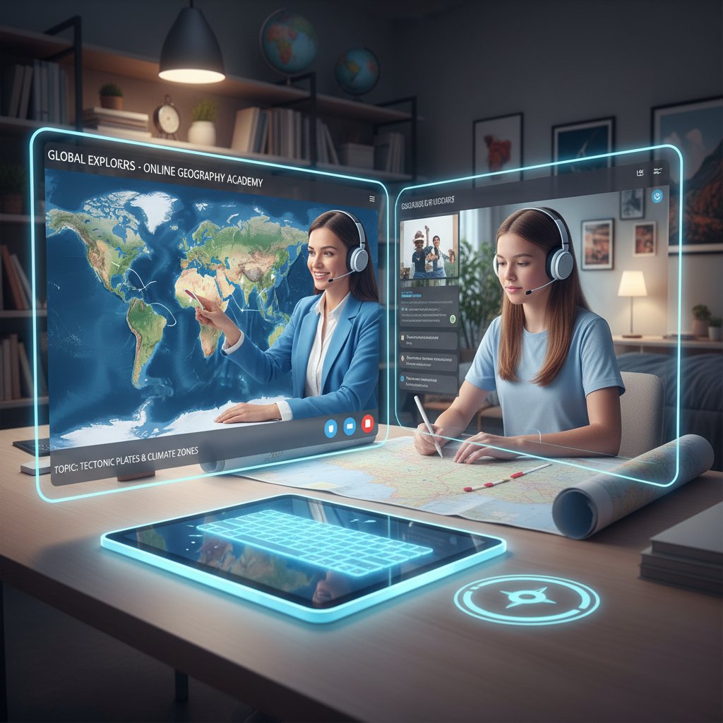 Nauczyciel i uczeń podczas lekcji online z mapą na ekranie, nowoczesne korepetycje geografia