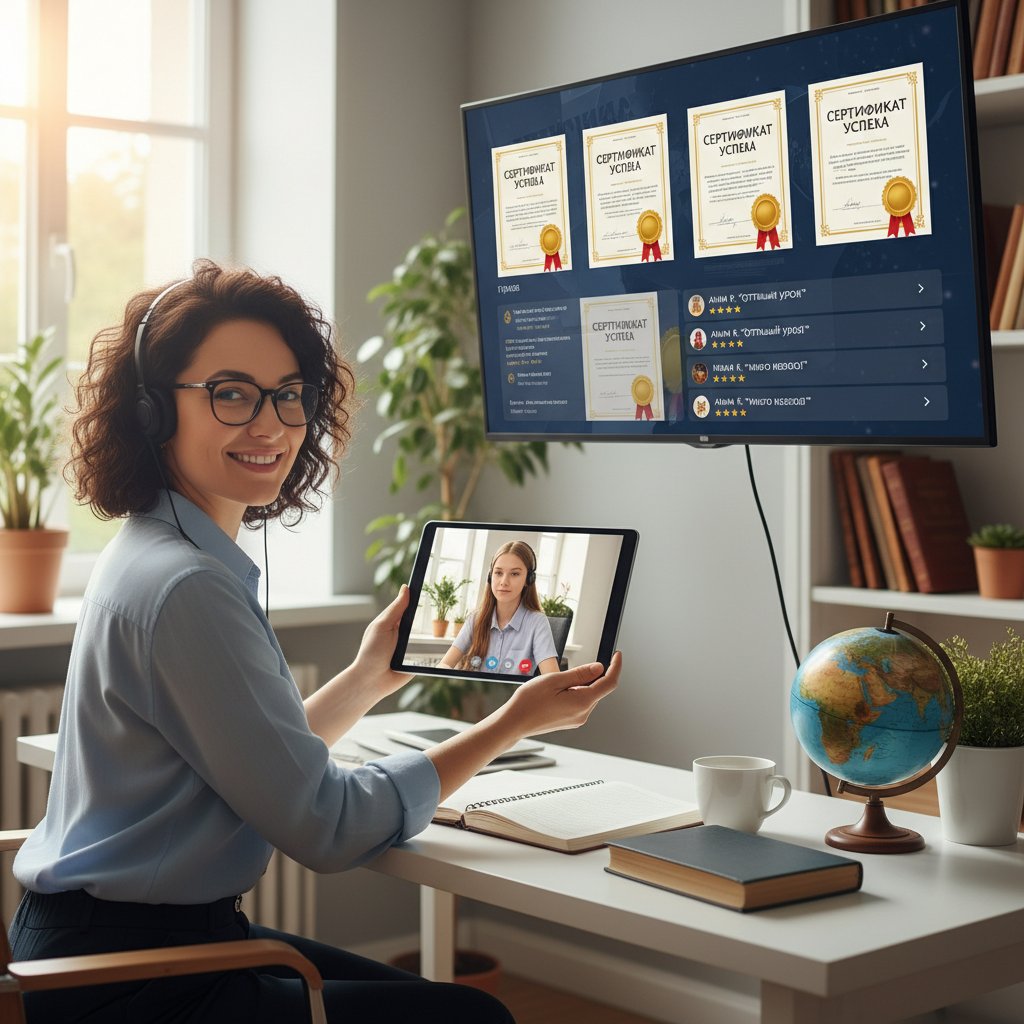 Rekomendowany nauczyciel i uczennica podczas lekcji online, ekran z certyfikatami i opiniami