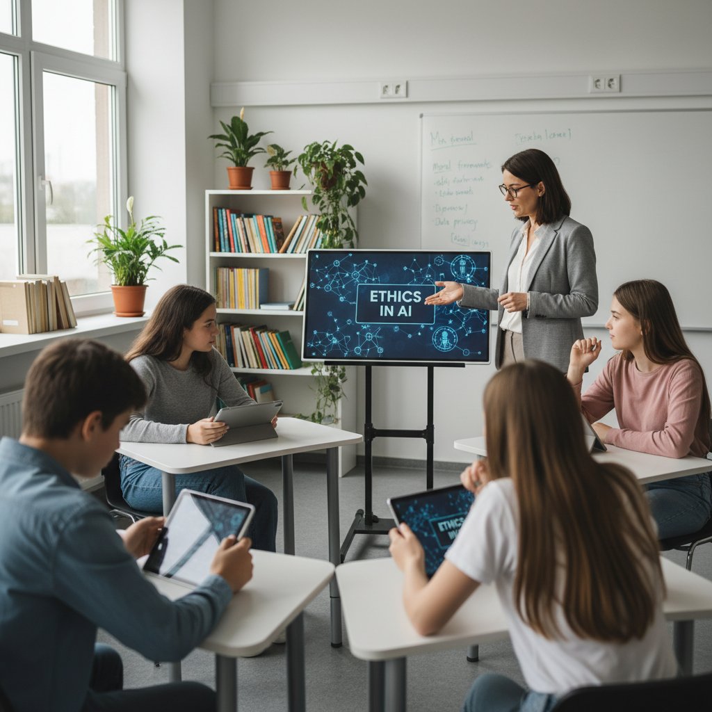 Zdjęcie nauczycielki i ucznia korzystających z tabletu podczas lekcji etyki – symbol AI w edukacji moralnej