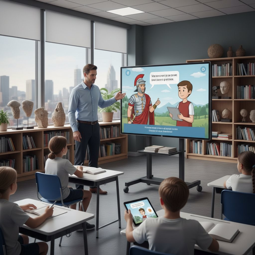 Nauczyciel i uczeń używający tabletu w klasie, na ekranie symulacja rozmowy z postacią historyczną